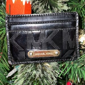 MICHAEL KORS BLACK MK SIG MIRROR METALLIC+GOLD TONE CARD CASE,WALLET.